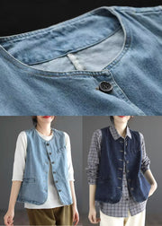Vintage Dark Blue O-Neck Pockets Denim Waistcoat Sleeveless