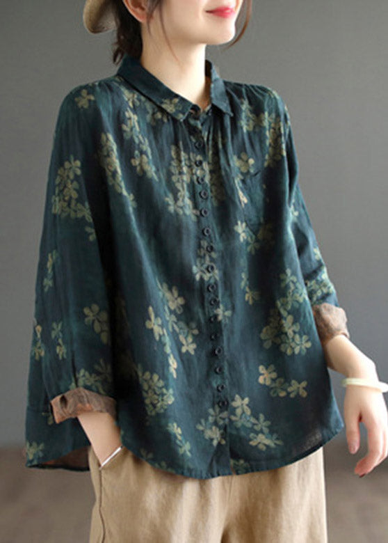Vintage Dark Blue Peter Pan Collar Print Linen Shirt Long Sleeve
