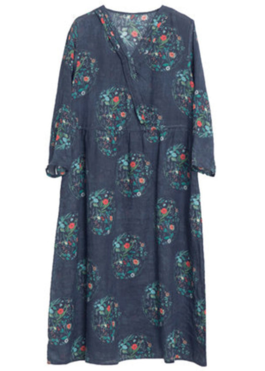 Vintage Dark Blue Print Linen Holiday Long Dress Spring