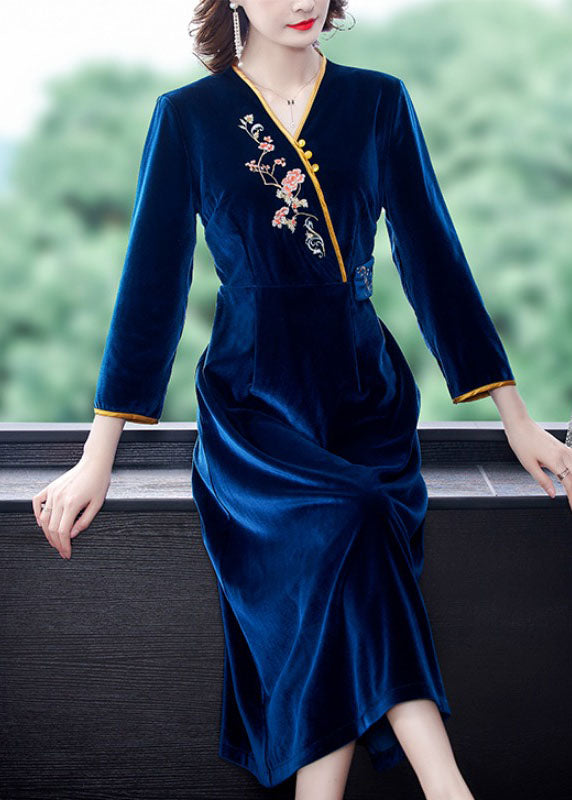 Vintage Dark Blue V Neck Embroidered Floral Silk Velour Holiday Dress Long Sleeve