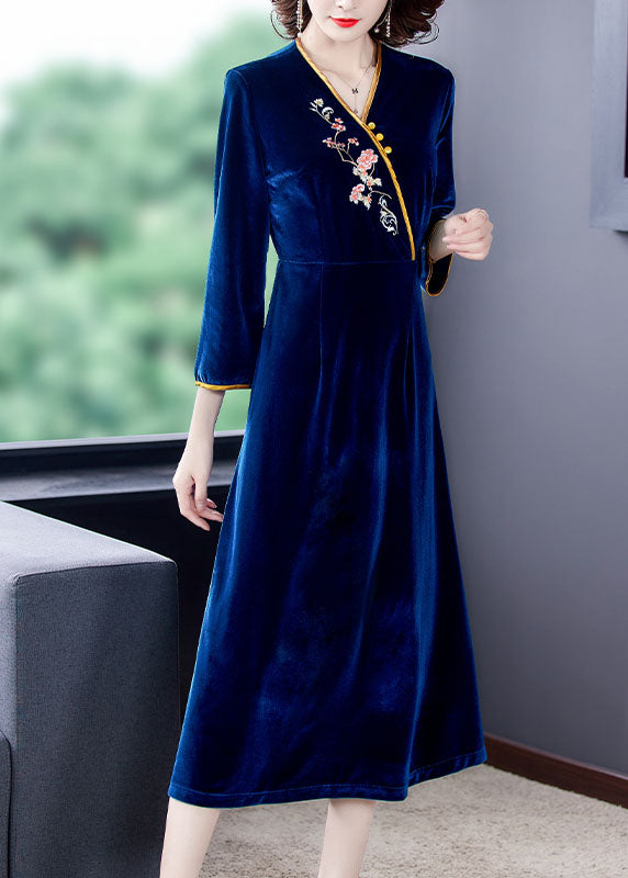 Vintage Dark Blue V Neck Embroidered Floral Silk Velour Holiday Dress Long Sleeve