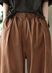 Vintage Dark Chocolate Elastic Waist Pockets Solid Cotton Harem Pants Summer