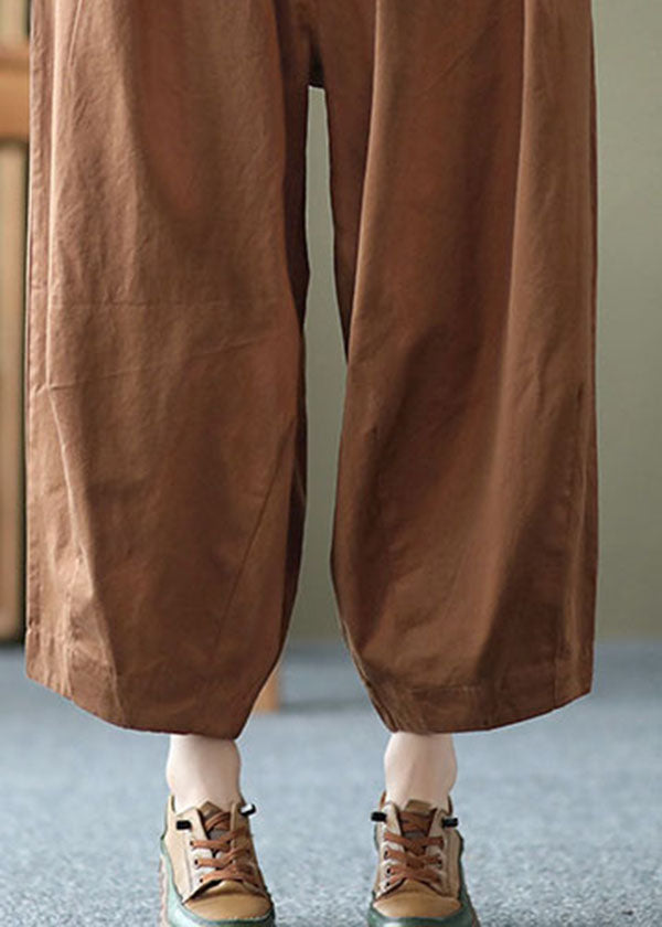 Vintage Dark Chocolate Elastic Waist Pockets Solid Cotton Harem Pants Summer