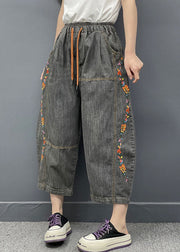 Vintage Dark Gray Embroidered Elastic Waist Denim Crop Pants Spring