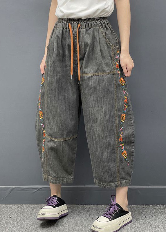 Vintage Dark Gray Embroidered Elastic Waist Denim Crop Pants Spring