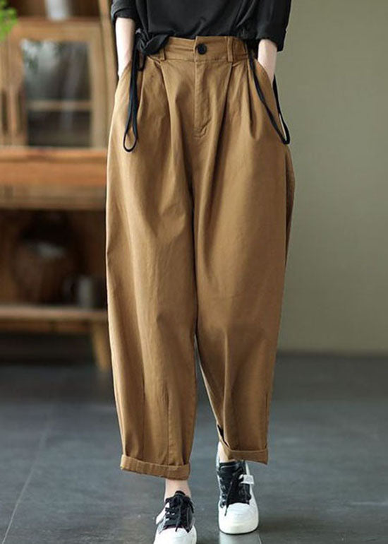 Vintage Dark Khaki Pockets Patchwork Cotton Pants Summer