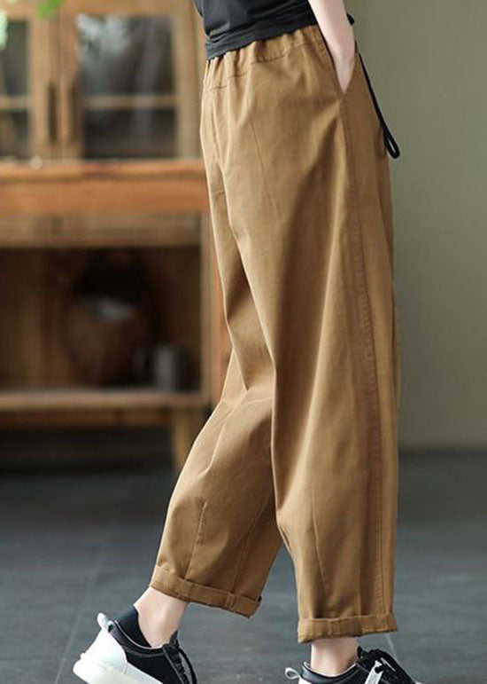 Vintage Dark Khaki Pockets Patchwork Cotton Pants Summer