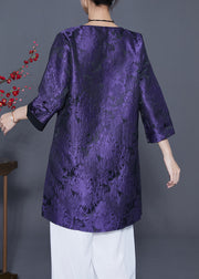Vintage Dark Purple Embroidered Side Open Silk Shirts Bracelet Sleeve