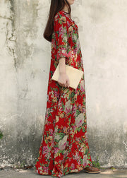 Vintage Dark Red O-Neck Pocket Print Cotton Long Dresses Long Sleeve