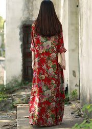 Vintage Dark Red O-Neck Pocket Print Cotton Long Dresses Long Sleeve