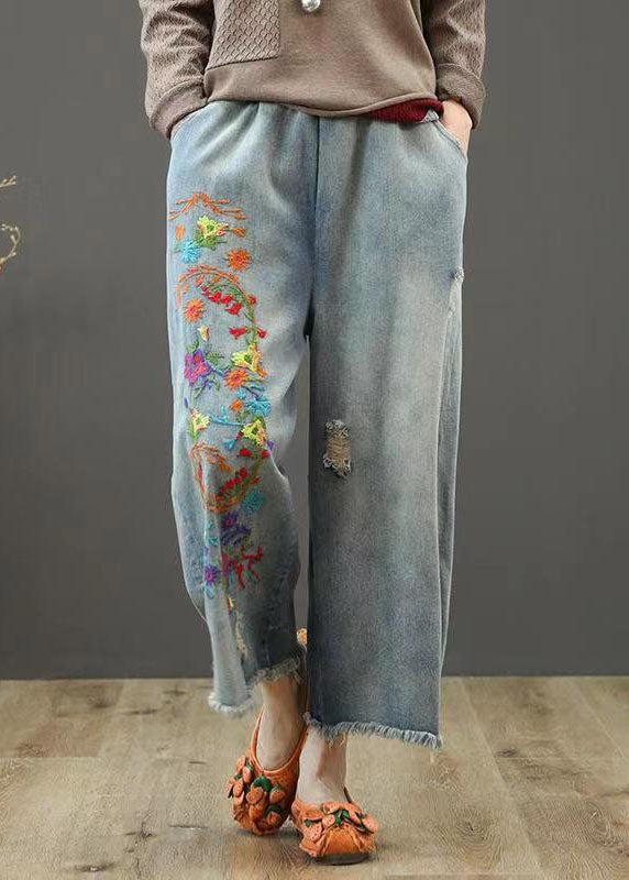 Vintage Denim Blue Elastic Waist Embroidered Cotton Wide Leg Pants Summer