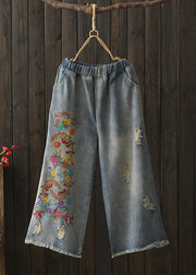 Vintage Denim blau elastische Taille bestickte Baumwolle weites Bein Hose Sommer