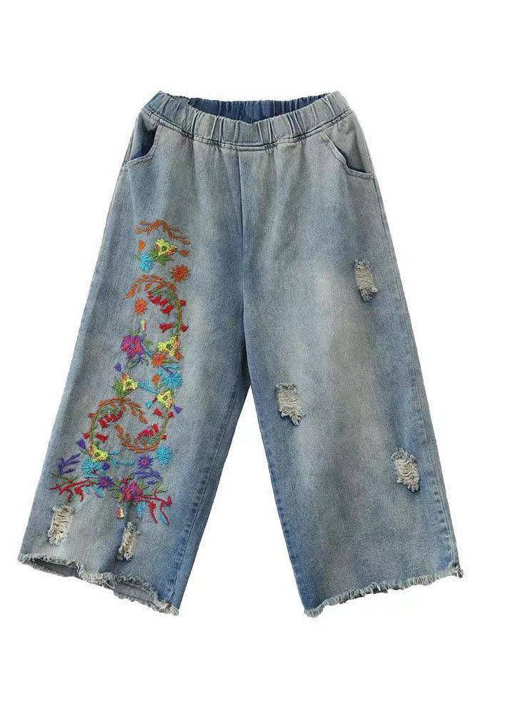 Vintage Denim blau elastische Taille bestickte Baumwolle weites Bein Hose Sommer