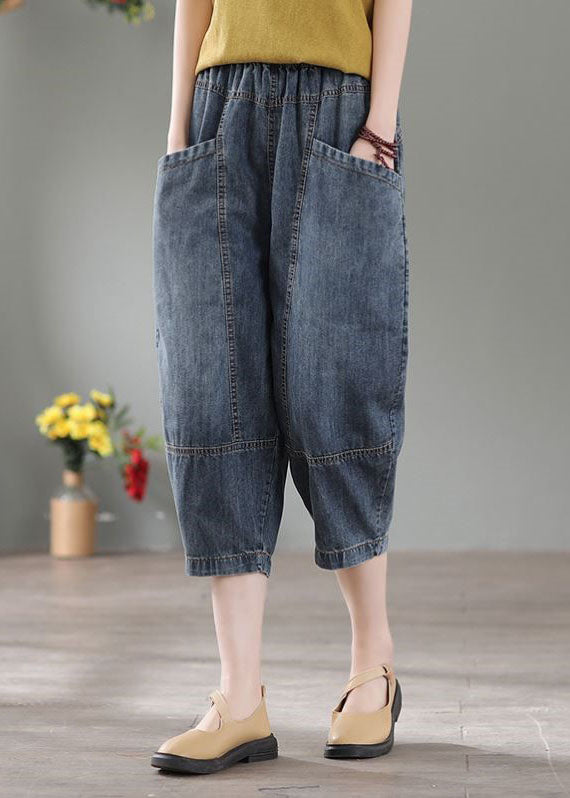 Vintage Denim Blue High Waist Pockets Cotton Crop Pants Summer