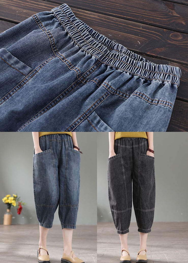 Vintage Denim Blue High Waist Pockets Cotton Crop Pants Summer