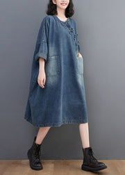Vintage Denim Blue O-Neck Patchwork Button Long Dress Long Sleeve