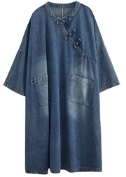 Vintage Denim Blue O-Neck Patchwork Button Long Dress Long Sleeve