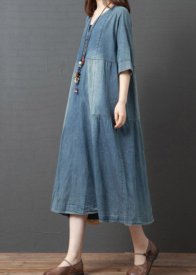 Vintage Denim Blue V Neck Patchwork Dresses Half Sleeve