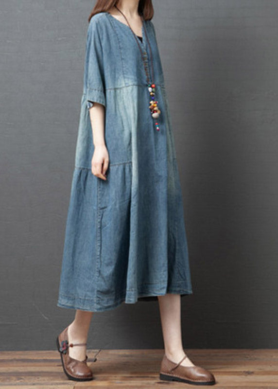 Vintage Denim Blau V-Ausschnitt Patchwork Kleider Halbarm