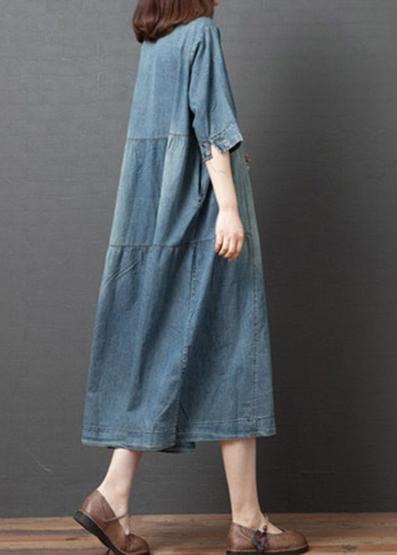 Vintage Denim Blau V-Ausschnitt Patchwork Kleider Halbarm
