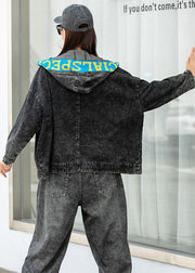 Vintage Denim Patchwork Knit Pockets Hooded Fall Coats Long Sleeve