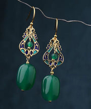 Vintage Design Green Jade Silver Drop Earrings