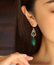Vintage Design Green Jade Silver Drop Earrings