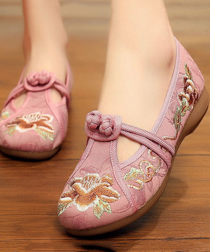 Vintage Embroidered Flat Shoes For Women Grey Cotton Fabric Chinese Button