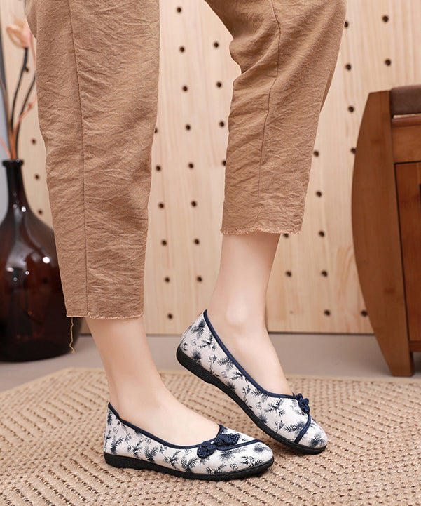 Vintage Embroidered Flats Beige Cotton Fabric Flat Shoes For Women