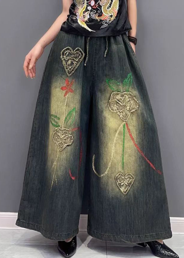 Vintage Embroidered Floral Elastic Waist Wide Leg Jeans