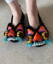 Vintage Embroidered Splicing Flat Feet Shoes Black Cotton Fabric