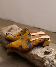 Vintage Floral Chunky Yellow Sheepskin Pointed Toe Slide Sandals
