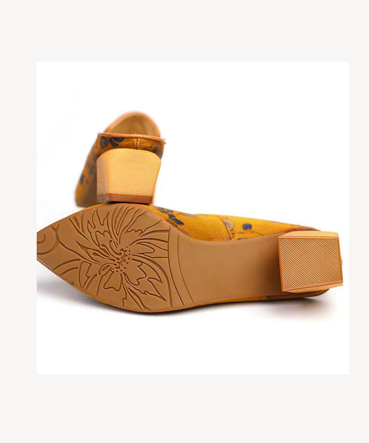 Vintage Floral Chunky Yellow Sheepskin Pointed Toe Slide Sandals