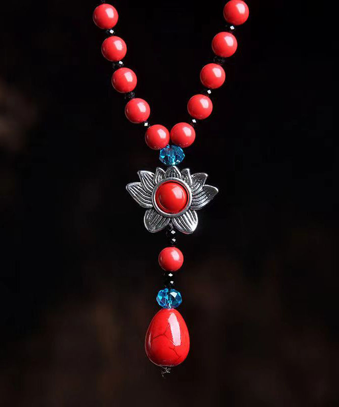Vintage Floral Crystal Patchwork Red  Cinnabar Pendant Necklace