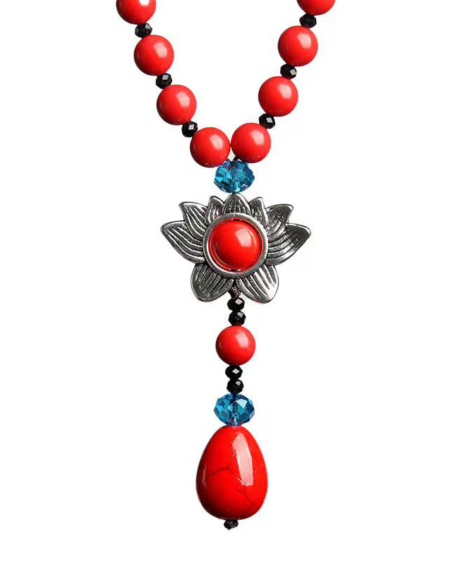Vintage Floral Crystal Patchwork Red  Cinnabar Pendant Necklace