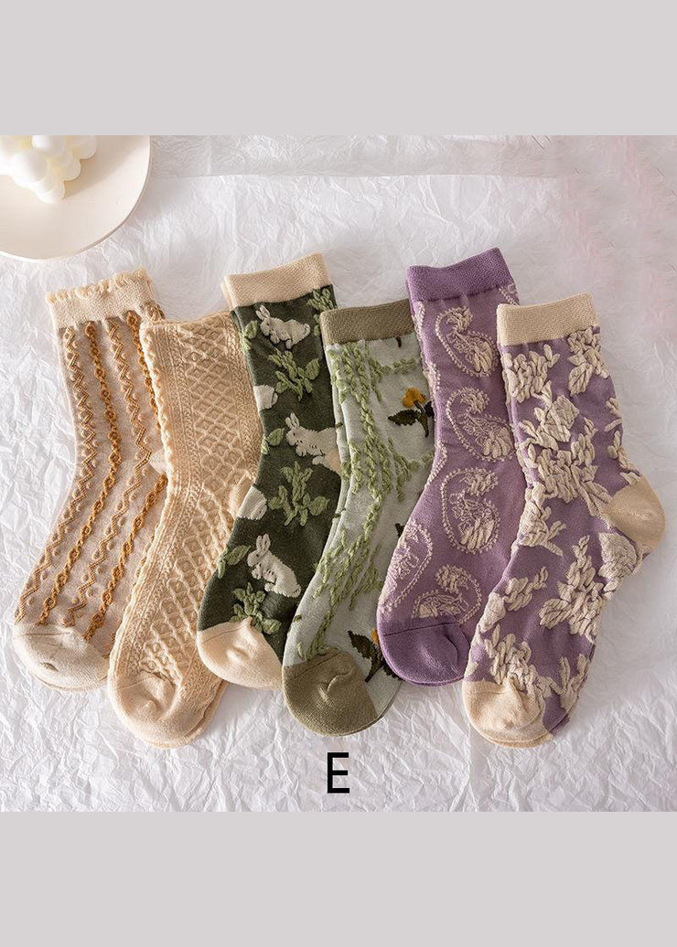 Vintage Floral Jacquard Cotton Mid Calf Socks