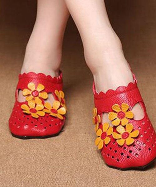 Vintage Floral Splicing Red Cowhide Leather Slide Sandals