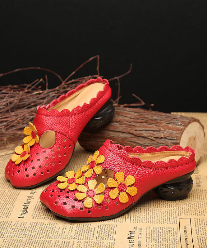 Vintage Floral Splicing Red Cowhide Leather Slide Sandals