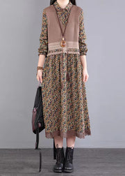 Vintage Flower Knitted Lace Drawstring Splice Fake Two Piece Dress Autumn