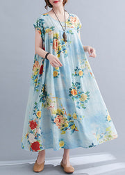 Vintage Flower Number Five O-Neck Print Pockets Knitted Cotton Long Dress Short Sleeve