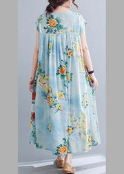 Vintage Flower Number Five O-Neck Print Pockets Wrinkled Cotton Long Dress Short Sleeve