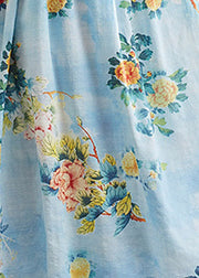Vintage Flower Number Five O-Neck Print Pockets Wrinkled Cotton Long Dress Short Sleeve