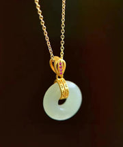 Vintage Gold Stainless Steel Alloy Jade Zircon Pendant Necklace