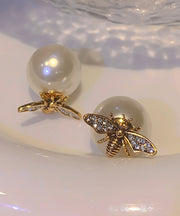 Vintage Gold Sterling Silver Copper Overgild Pearl Bee Stud Earrings