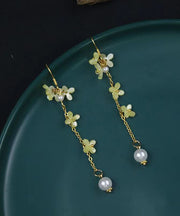 Vintage Gold Sterling Silver Overgild Pearl Coloured Glaze Tassel Drop Earrings