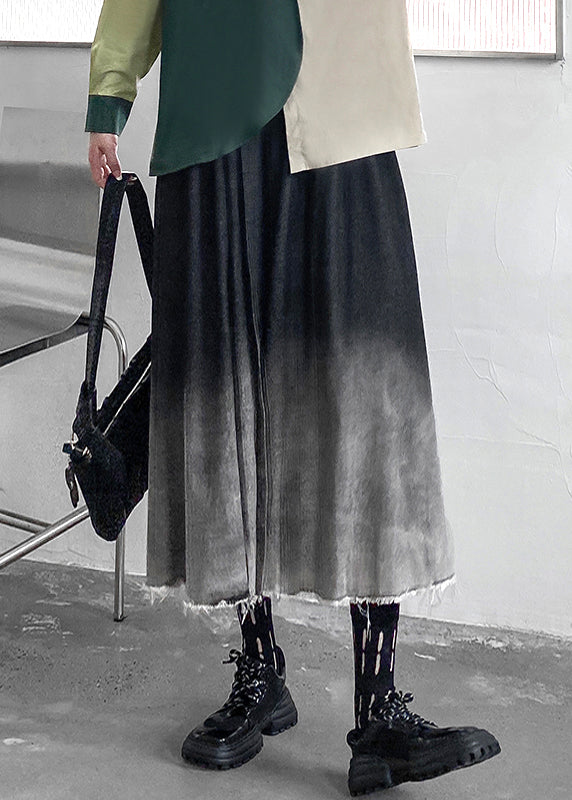 Vintage Gradient Color Wrinkled Elastic Waist Patchwork Denim Skirts Fall
