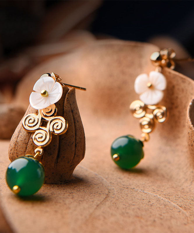 Vintage Green Agate White Shellfish Flower14K Gold Drop Earrings