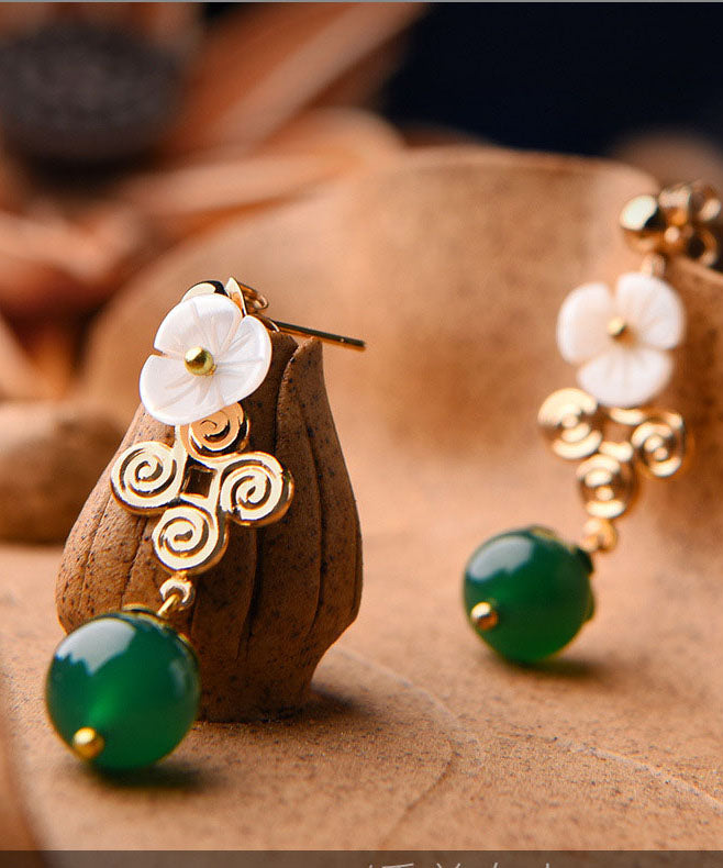 Vintage Green Agate White Shellfish Flower14K Gold Drop Earrings