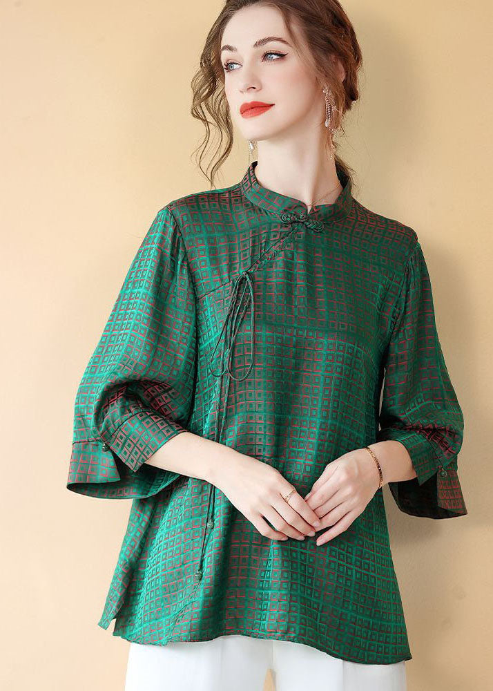 Vintage Green Chinese Button Jacquard Patchwork Silk Shirt Tops Summer