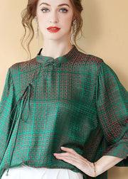 Vintage Green Chinese Button Jacquard Patchwork Silk Shirt Tops Summer